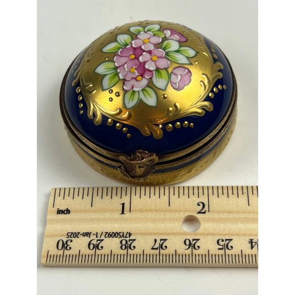 Rochard Limoges France Round Trinket Box Hand Painted Floral Cobalt Gold - Picture 9 of 10